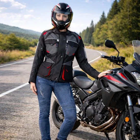 Дамско мото яке W-TEC Radana - Черен-сив-червен